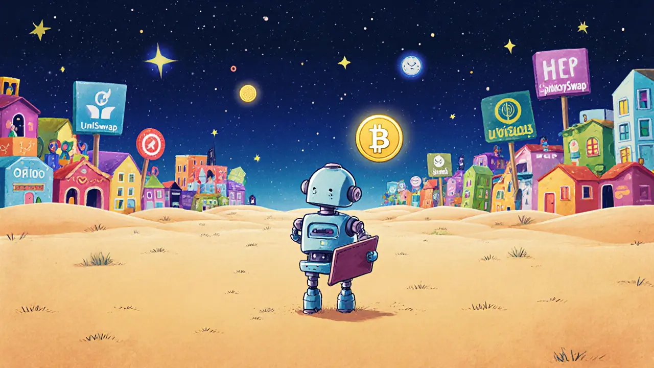 A lonely robot with a wallet head standing alone on a digital plain with one floating token.