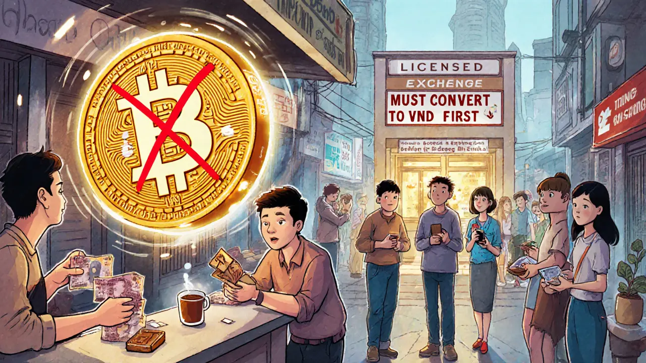 A man tries to pay for coffee with Bitcoin, but it bounces off the counter as people use Vietnamese dong, with a &#039;Must Convert to VND&#039; sign above.