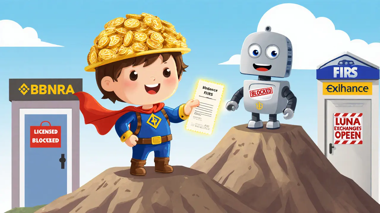 A miner gives a tax receipt to a friendly robot, while blocked exchanges are shut and licensed ones glow warmly.