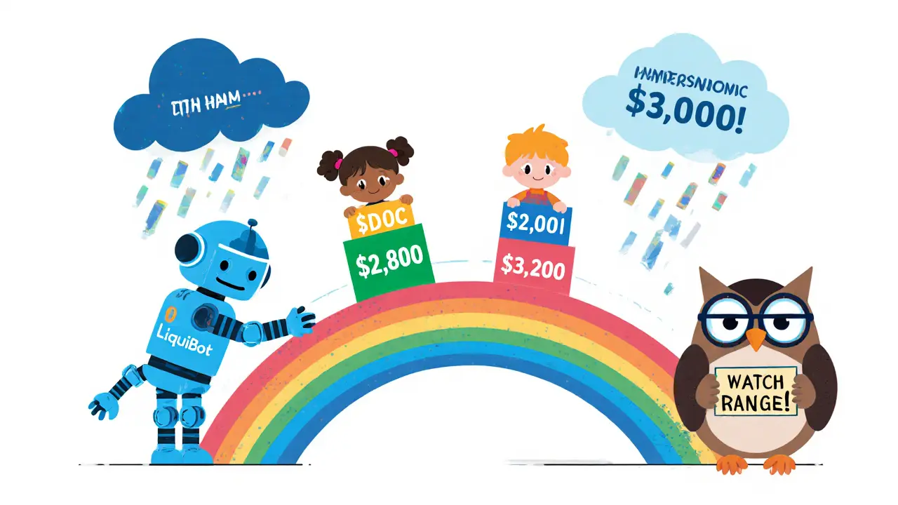A robot helps children place tokens between price limits, with a storm cloud warning of impermanent loss.