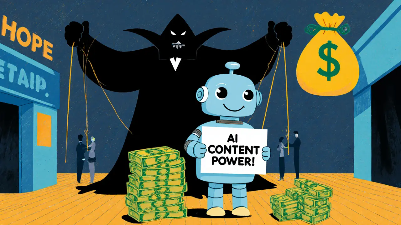 A robot holds an AI sign on a tower of money, while a shadowy puppeteer pulls strings behind it.