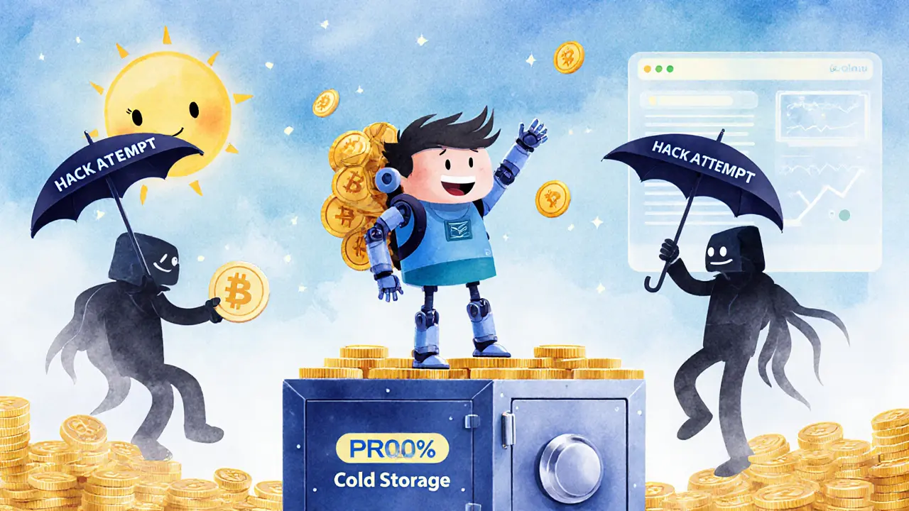 A robot trader stands safely on a secure vault while dodging hacker shadows, holding PROB tokens.