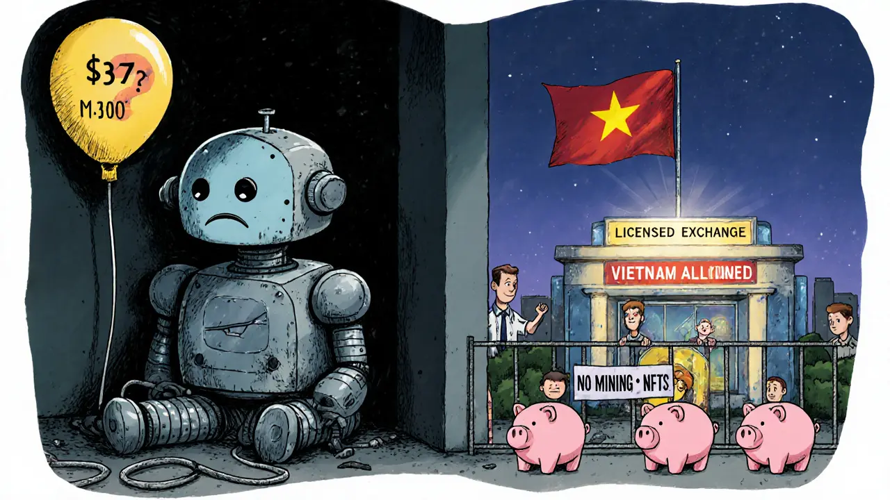 A sad mining robot sits alone in the dark while a bright licensed exchange shines in the distance, with investors peering through a &#039;No Startups Allowed&#039; fence.