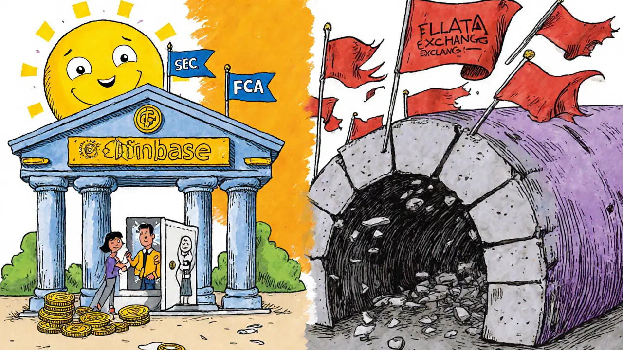 A safe, sunny crypto exchange with happy users next to a crumbling fake exchange sign.