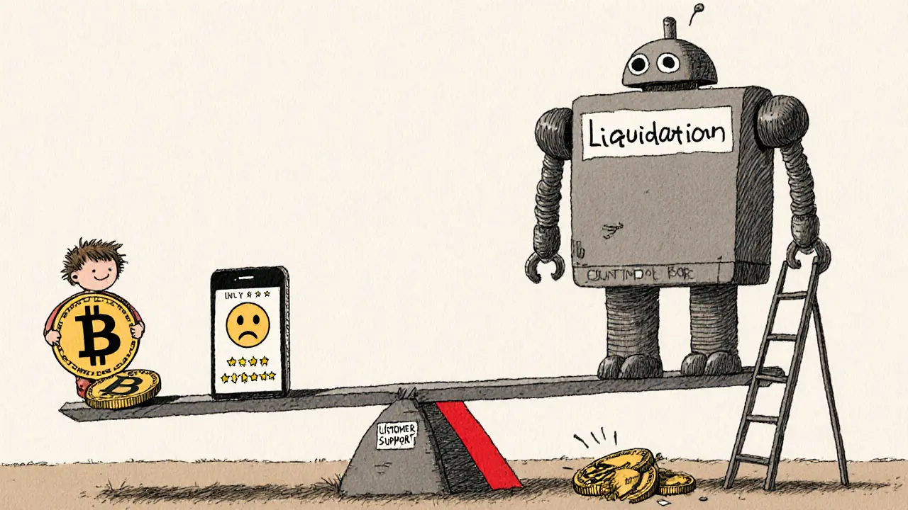 A seesaw with a child holding Bitcoin vs. a giant robot crushing it, symbolizing liquidation risk.