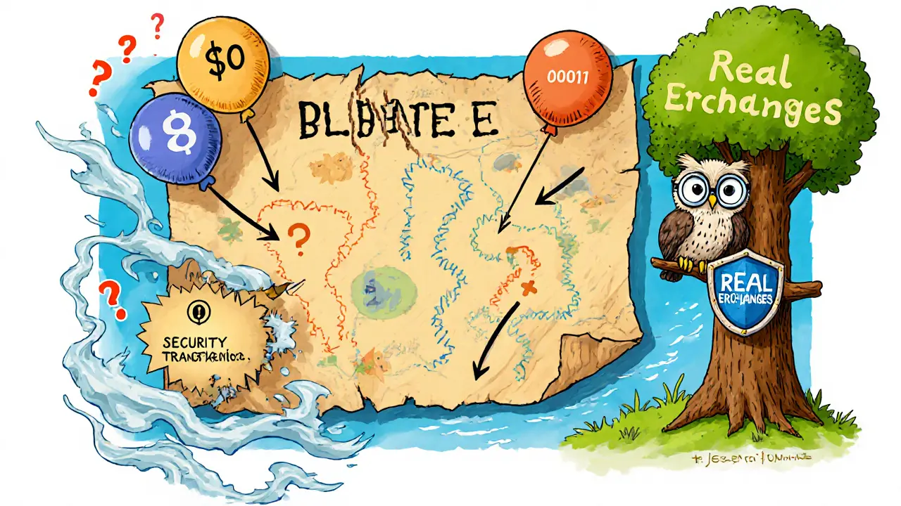 A torn treasure map shows conflicting price guesses for BLADE, blown by question marks, as a wise owl sits on a tree labeled &#039;Real Exchanges&#039;.