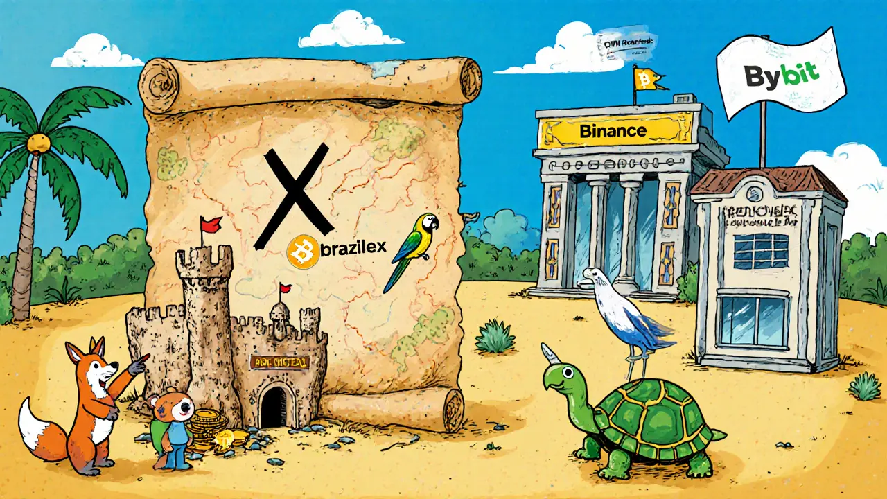 A treasure map pointing to a ruined castle labeled &#039;Braziliex&#039; while animals guide toward three registered, Pix-friendly exchanges.