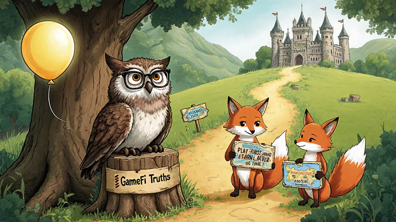 A wise owl teaching foxes about real gameFi values beside a fading castle.