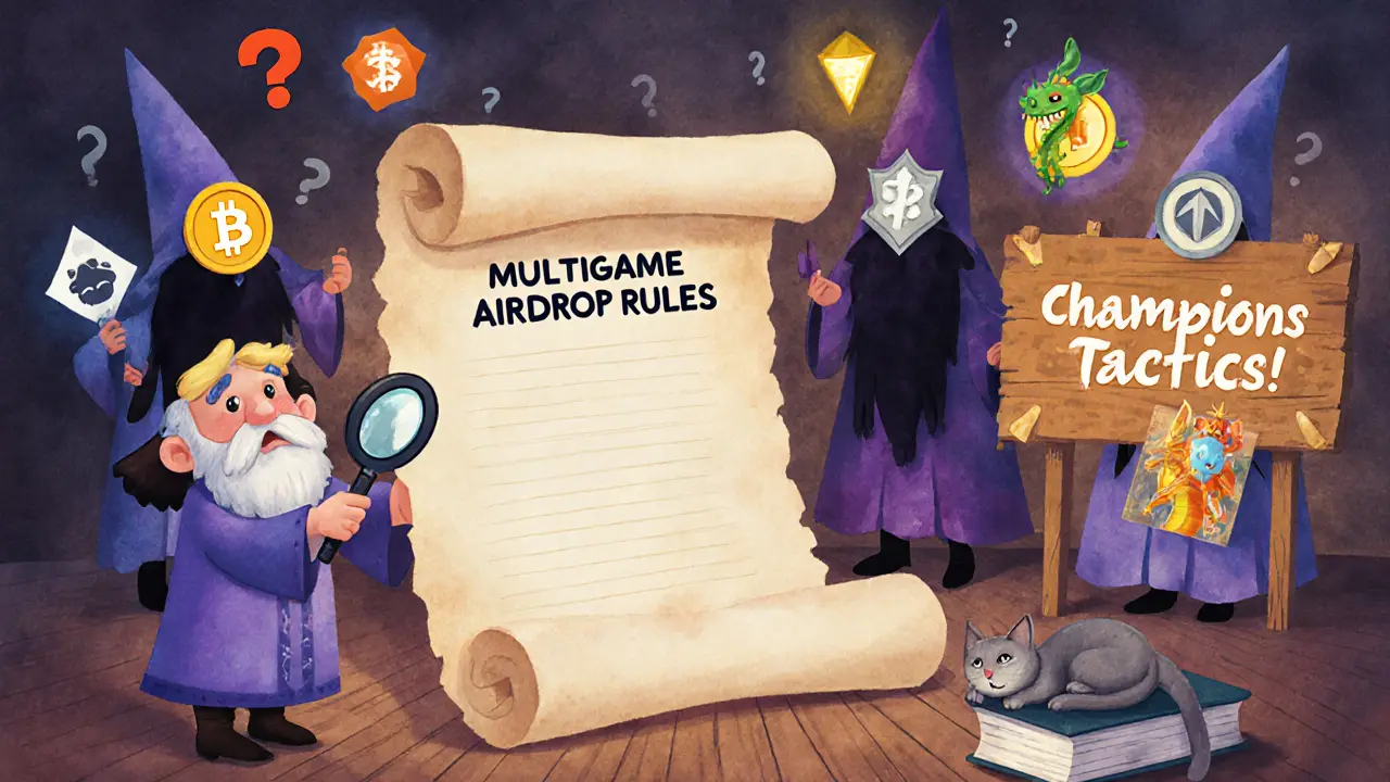 A wizard examines a blank scroll while others show verified NFTs nearby.