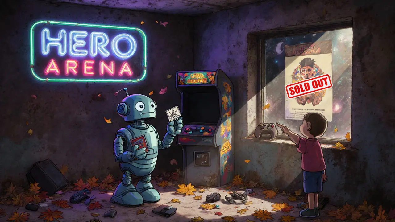 An abandoned Hero Arena arcade with a lonely robot and falling autumn leaves.