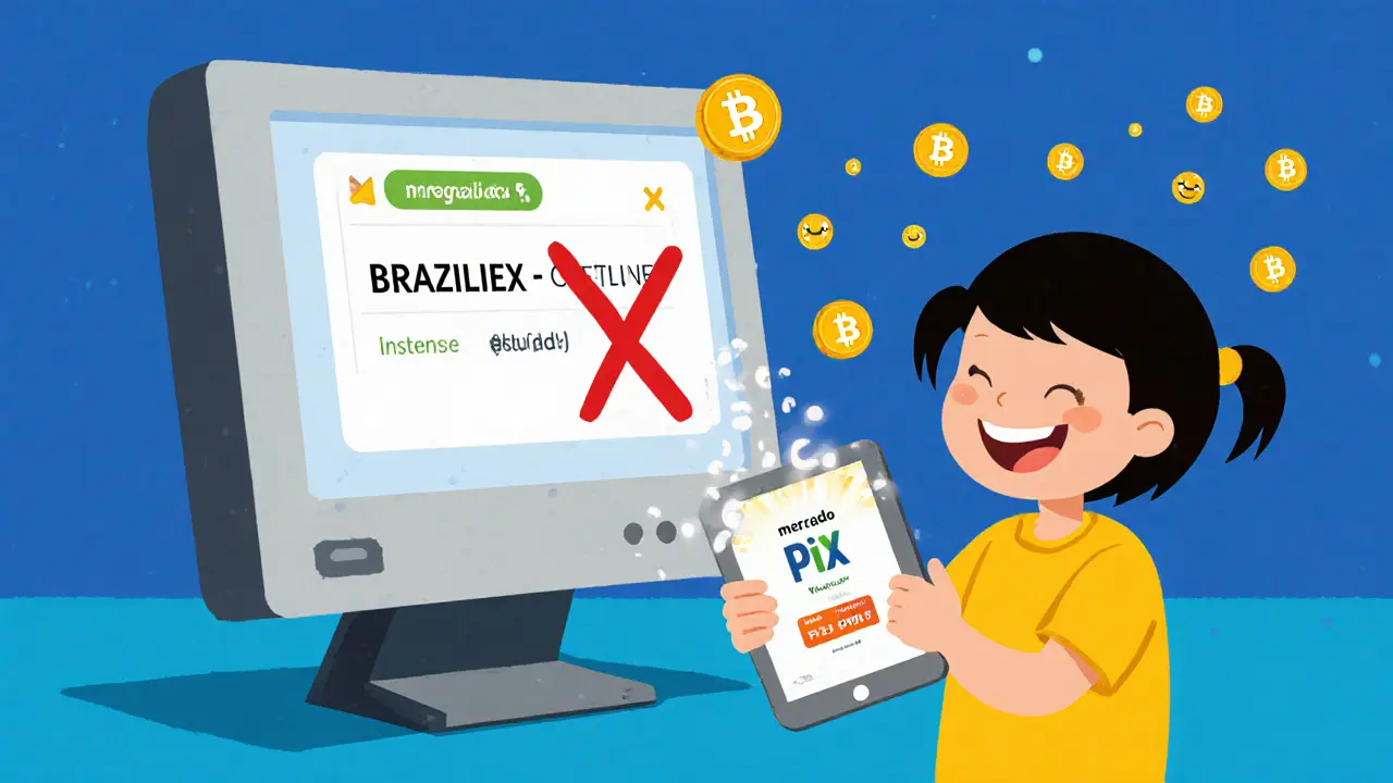 An outdated computer screen showing &#039;Braziliex - Offline&#039; next to a child using Pix to deposit BRL on a modern crypto app.