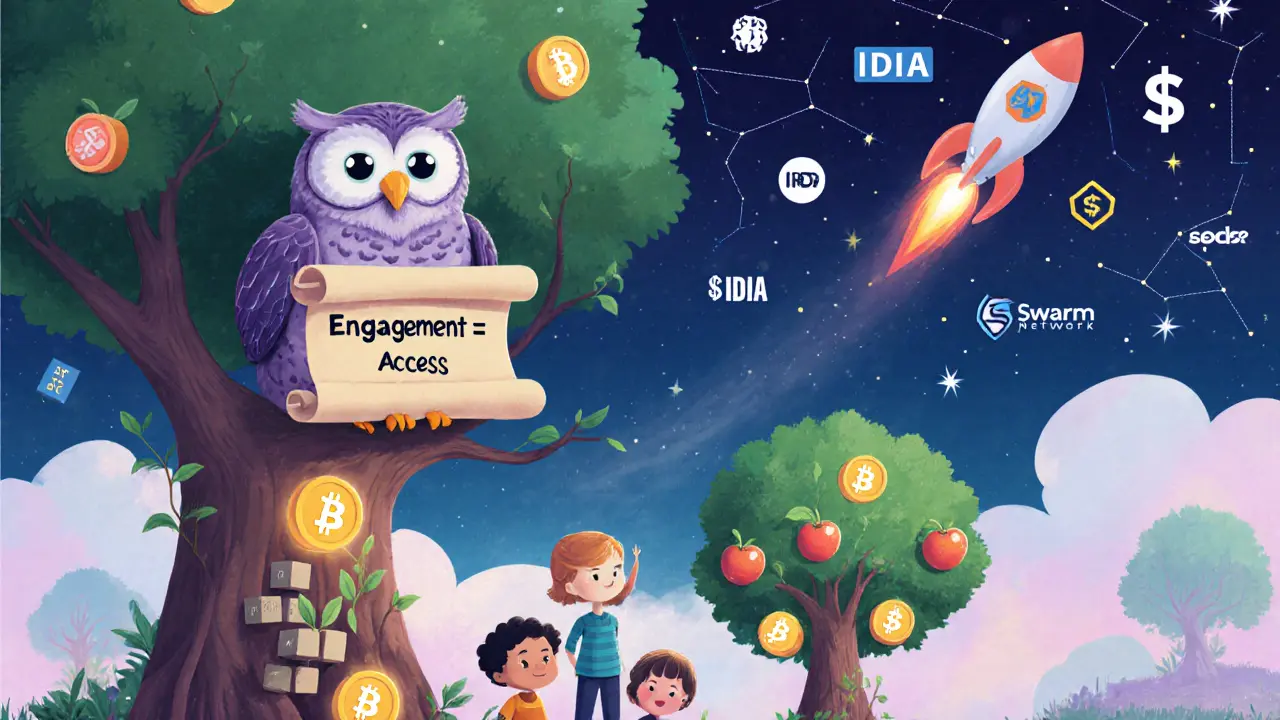 An owl on a blockchain tree holds a scroll saying &#039;Engagement = Access&#039; while children plant tokens that grow into IDIA fruit trees.