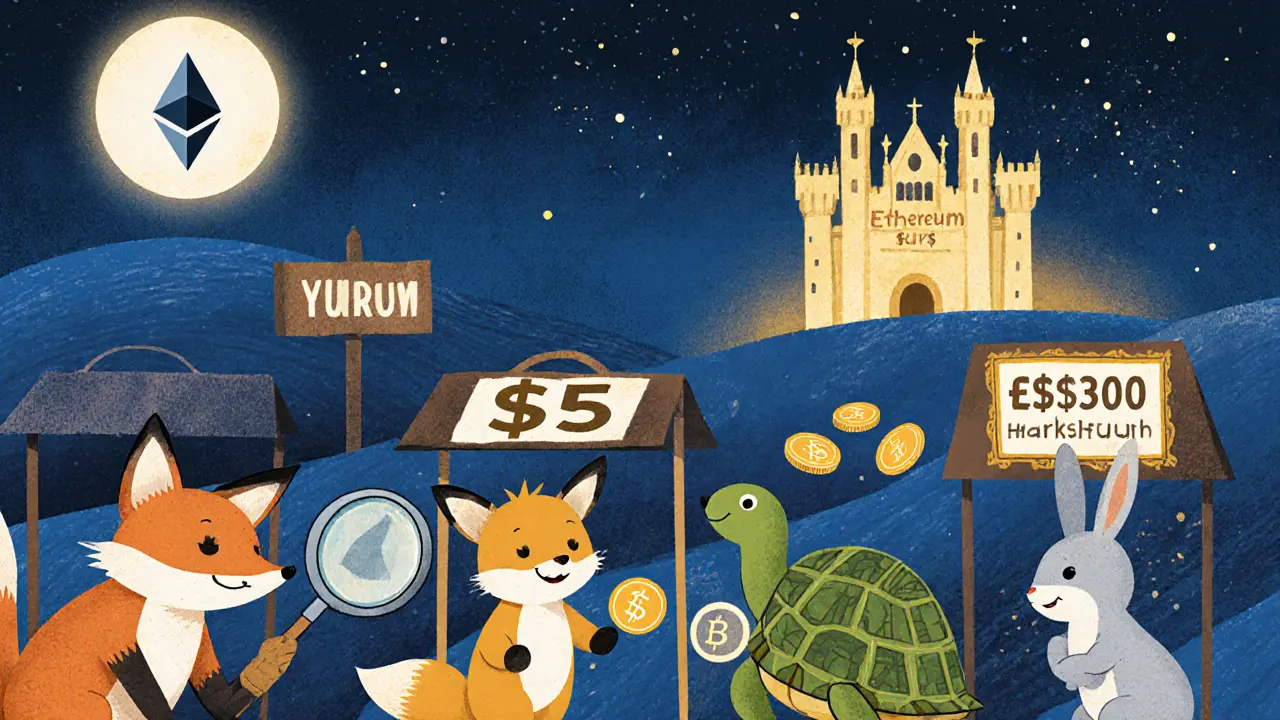 Animals trade tokens at a nighttime crypto market under a glowing sign that says &#039;Fast. Cheap. Yours.&#039;