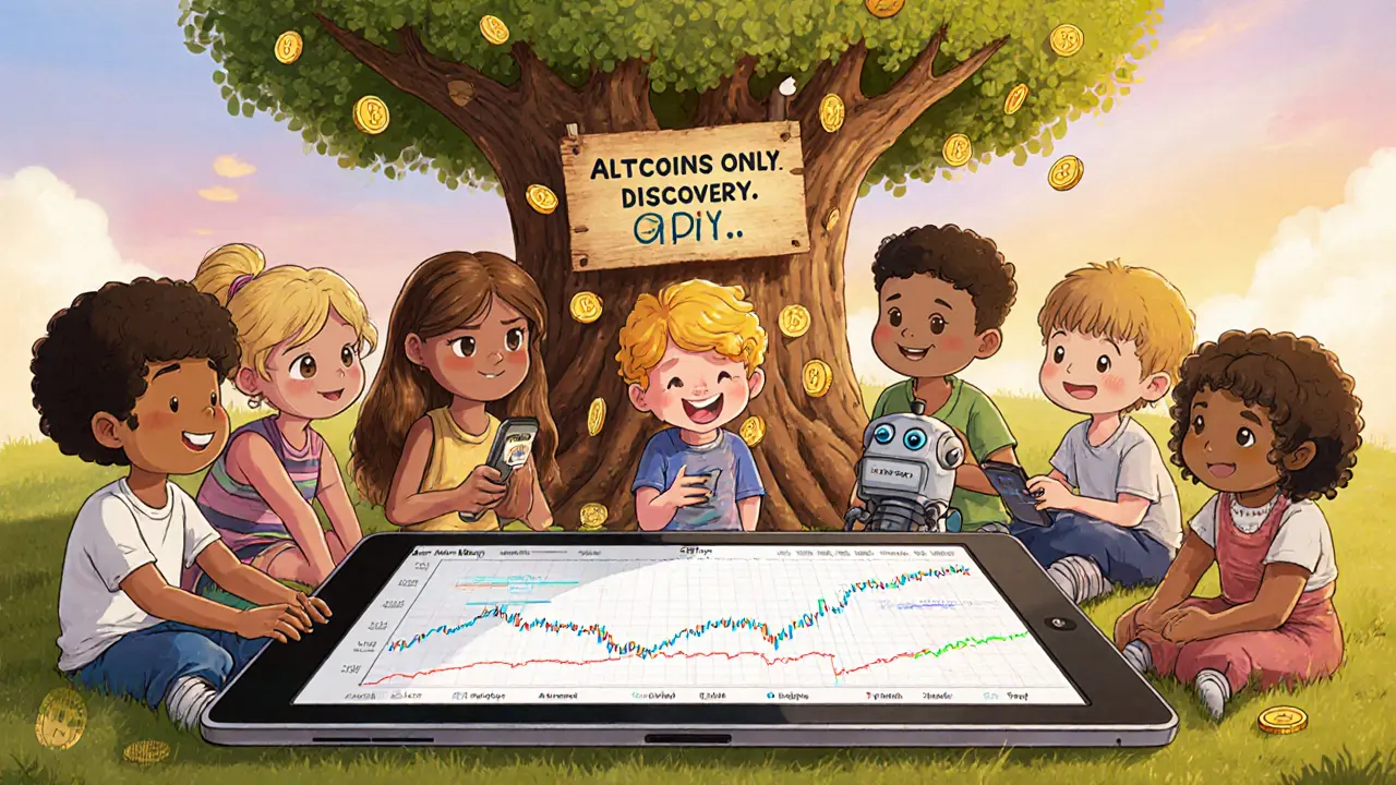 Kids from around the world trade altcoins on a tablet, with a magical coin-growing tree in the background.