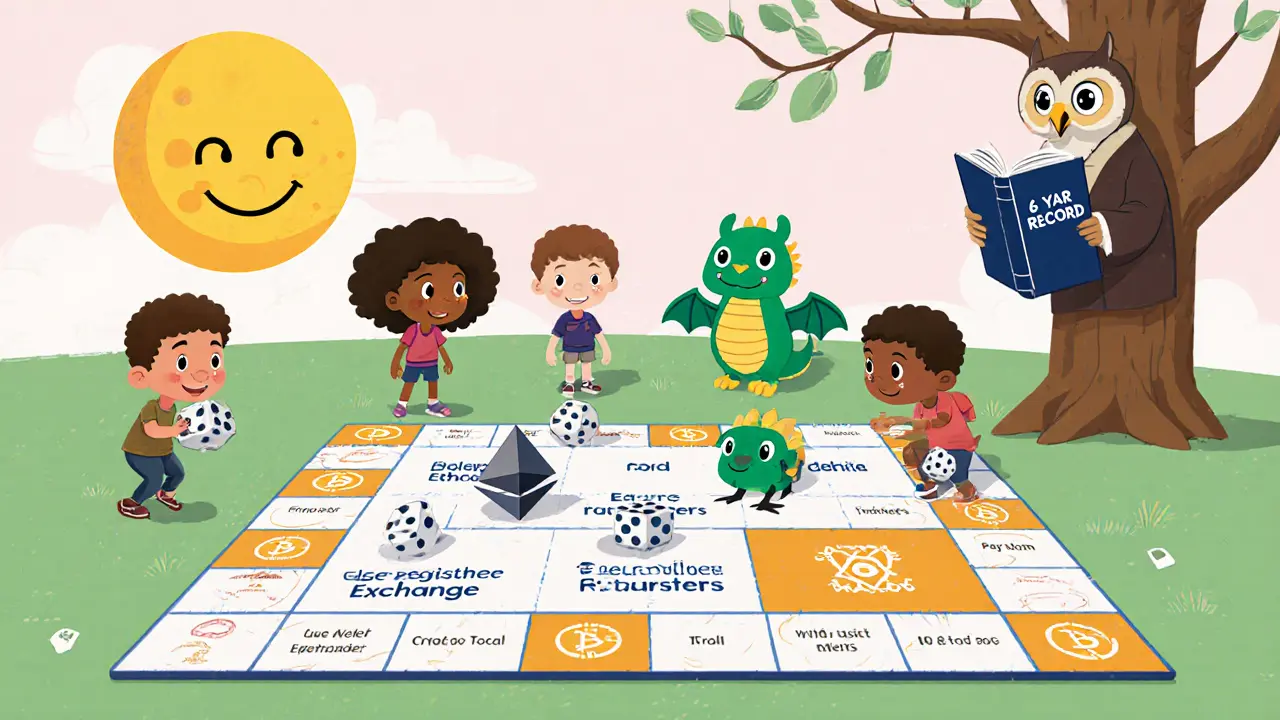 Kids play a board game called &#039;Crypto Compliance Quest&#039; with smiling crypto creatures and a tax owl watching.
