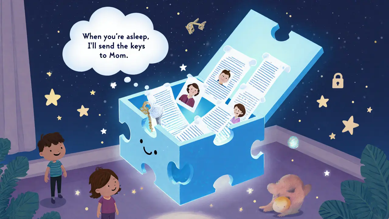 Magical floating box with family keys and encrypted scrolls glowing softly.