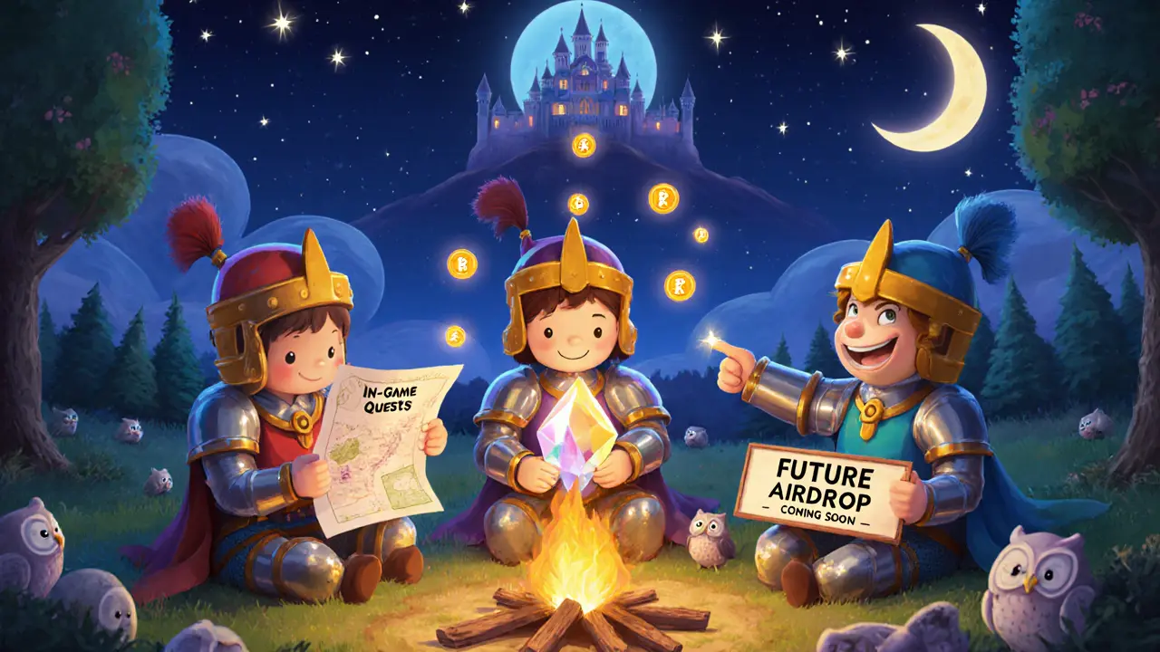 Three knights by a campfire discussing future rewards under a starry sky.