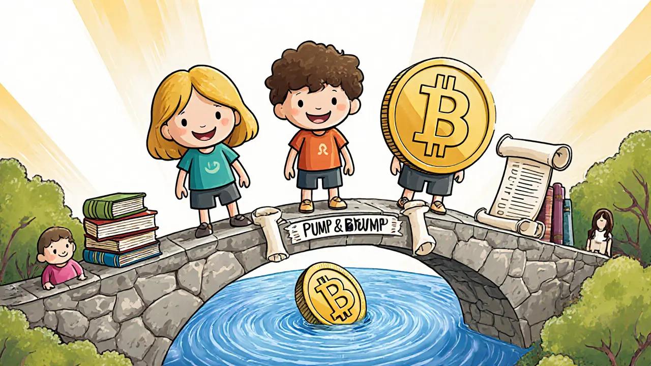 Three trusted crypto coins stand on a solid bridge, while CTB slips into a vortex labeled &#039;Pump &amp; Dump&#039;.