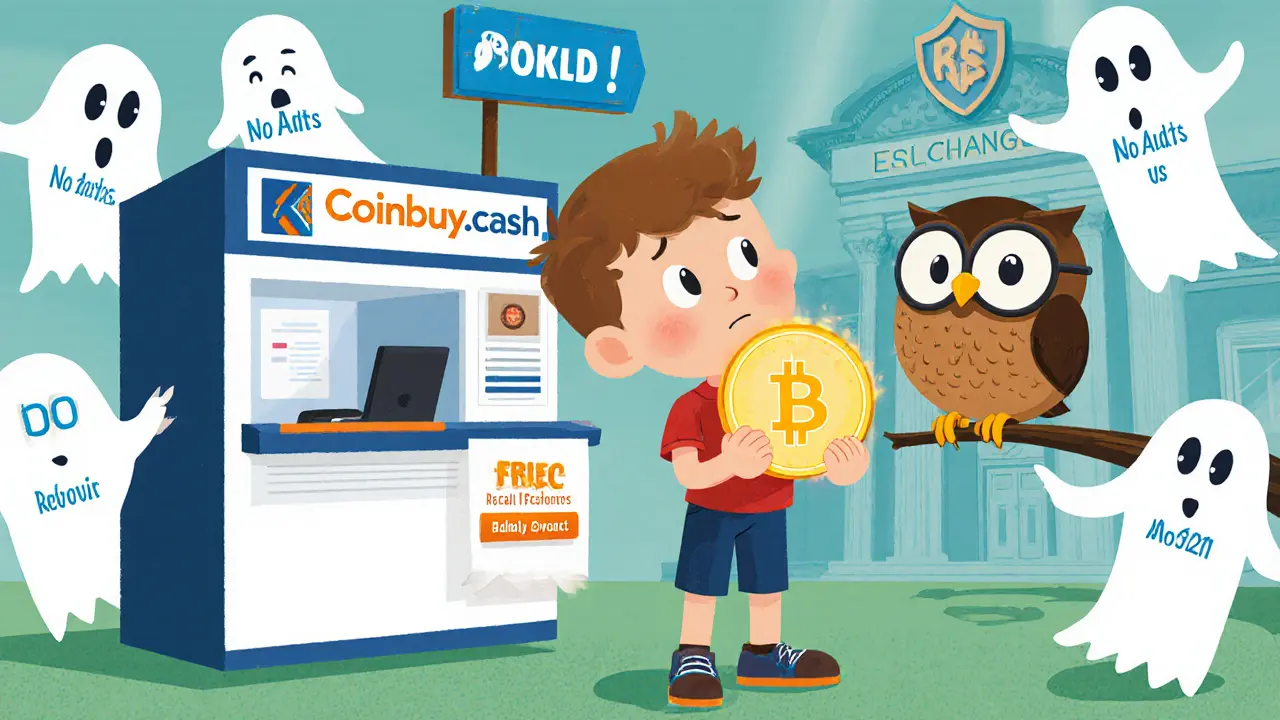 A boy at a fake crypto kiosk is surrounded by floating warning ghosts, while a wise owl points to a real exchange.