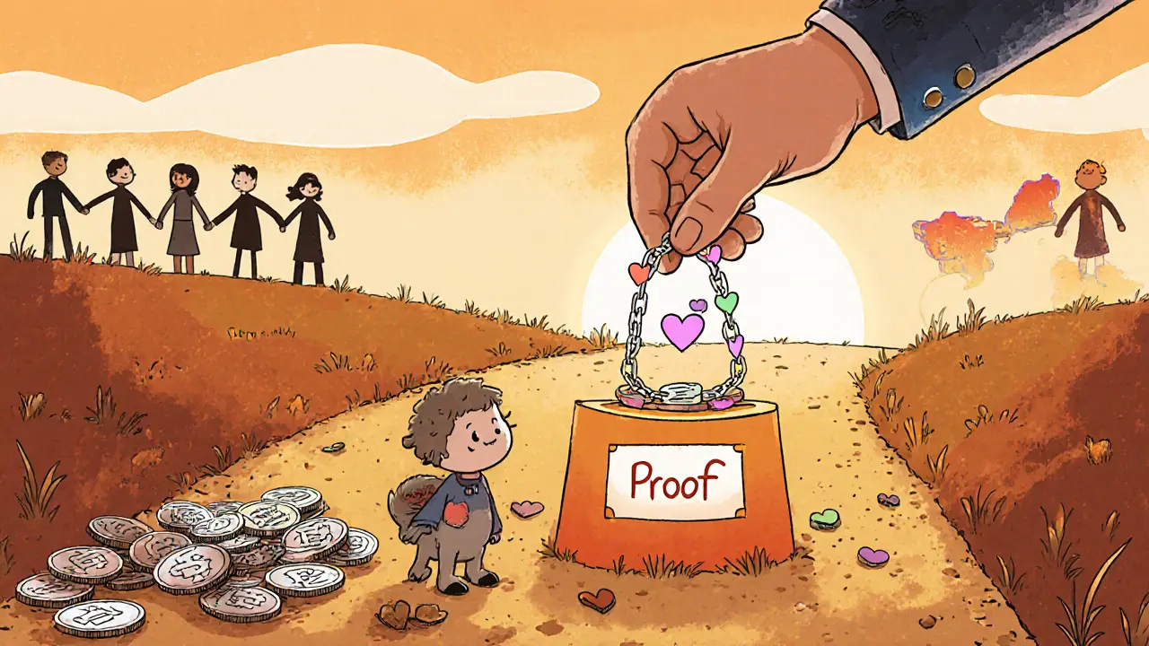 A broken crypto chain is replaced by a new one made of hearts and wolf paws at sunrise.