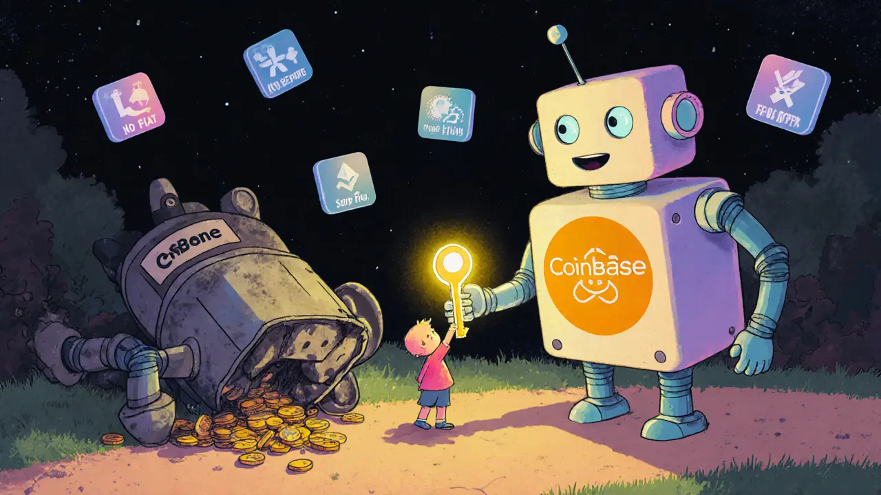 A cheerful Coinbase robot gives a key to a child as a broken CoinBene robot lies nearby.