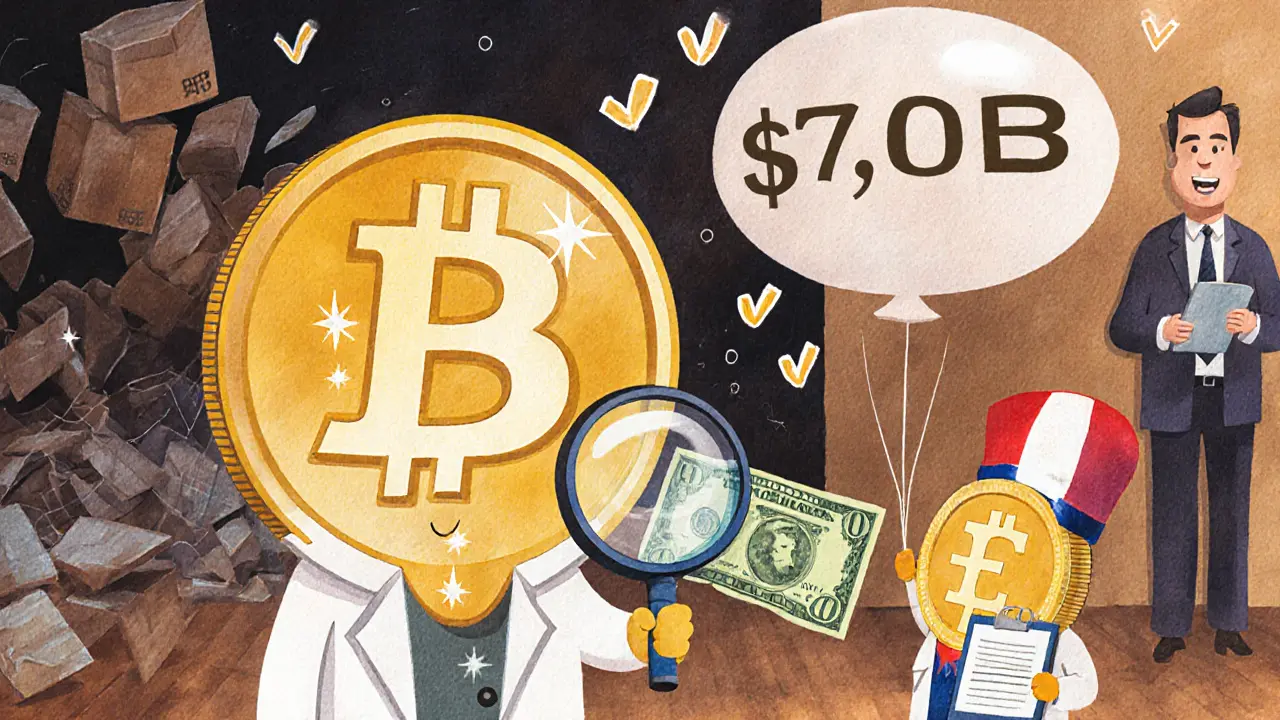 A cheerful stablecoin in a lab coat examines a dollar bill, while another stablecoin grows rapidly nearby under a regulator&#039;s watchful eye.