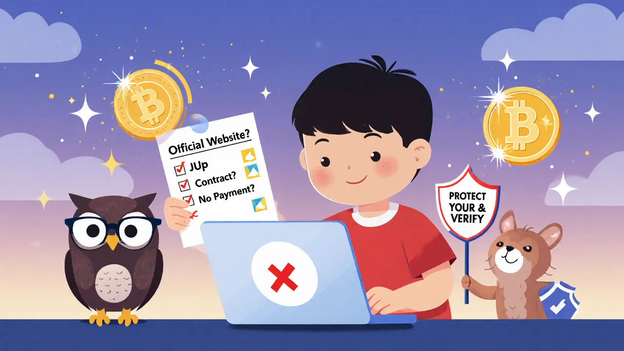 A child closes a scam website as an owl holds a safety checklist, with real tokens glowing safely in the sky.