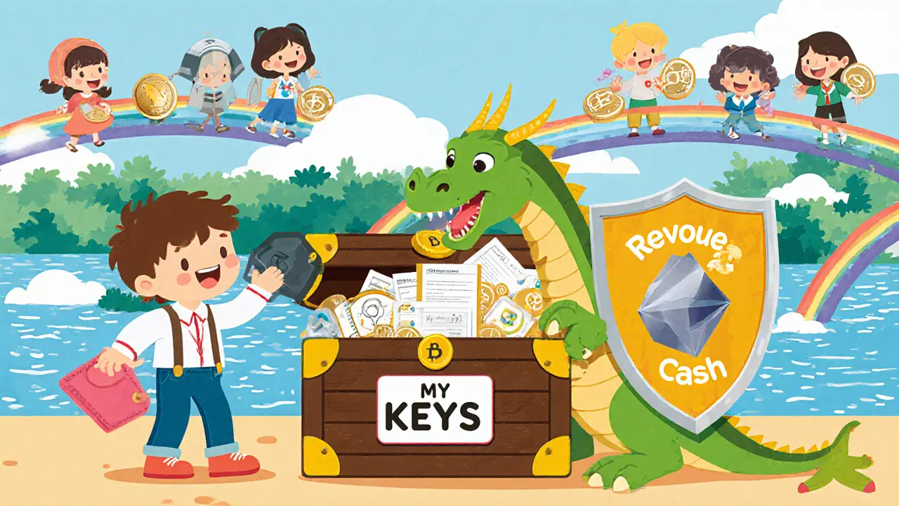 A child locks their wallet safely while a dragon tries to steal tokens, blocked by a &#039;Revoke.cash&#039; shield.