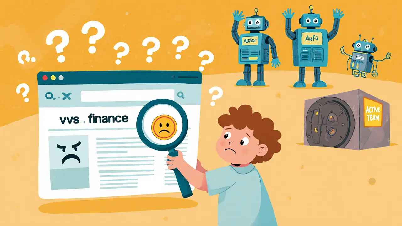 A child looks through a magnifying glass at a flickering website screen, surrounded by question marks and safe DeFi vaults in the background.