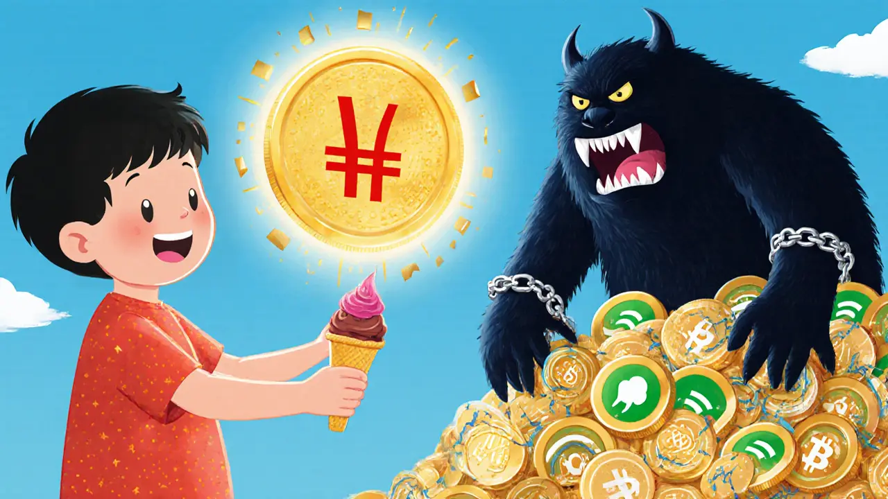 A child pays for ice cream with a glowing e-CNY coin, while a chained Bitcoin monster is locked behind payment app walls.