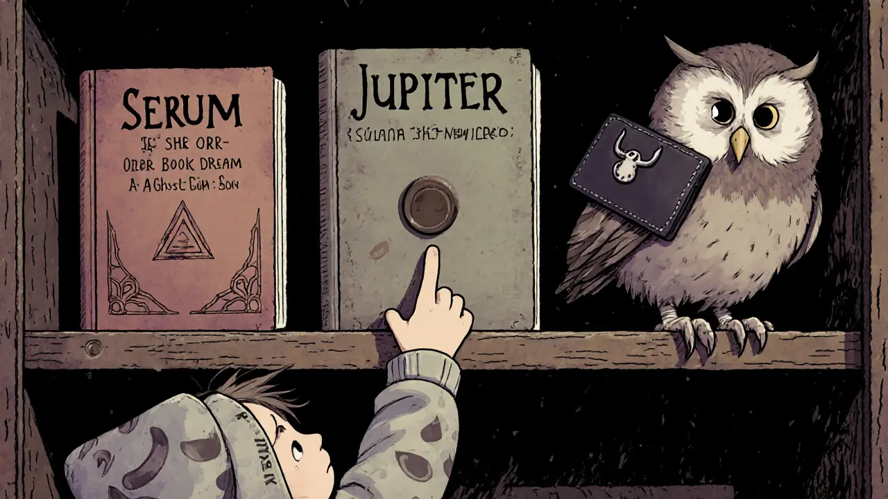 A child reaching for a dusty book titled &#039;SRM Token: A Ghost Coin&#039; in a magical library.