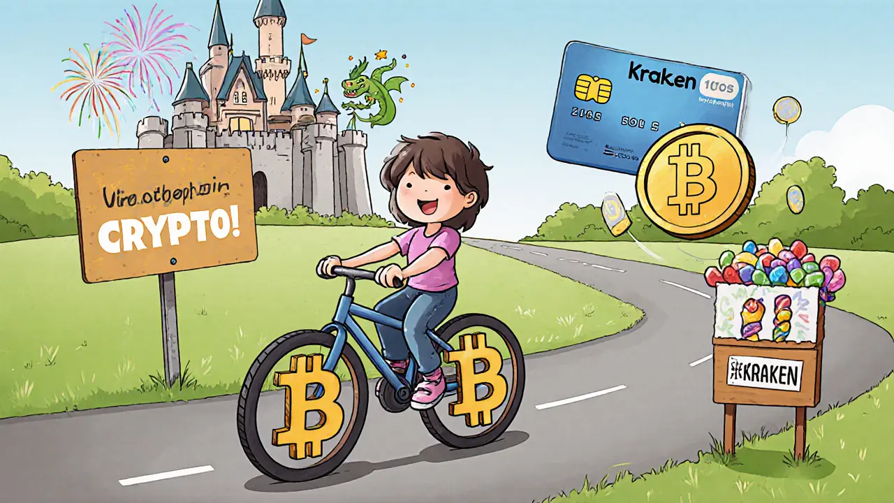 A child rides a bicycle made of crypto symbols down a path to CoinJar, passing a castle labeled Kraken in the distance.