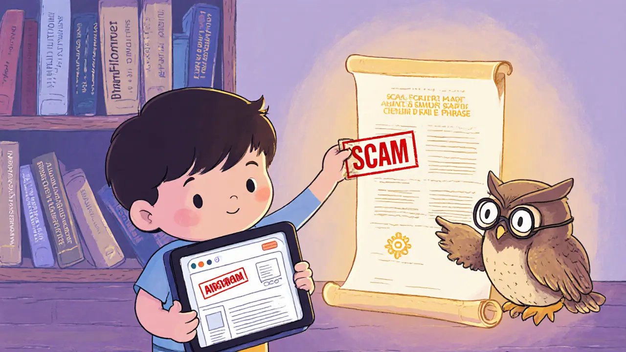 A child stamps &#039;SCAM&#039; on a fake website while a wise owl points to a real blockchain contract on a bookshelf.