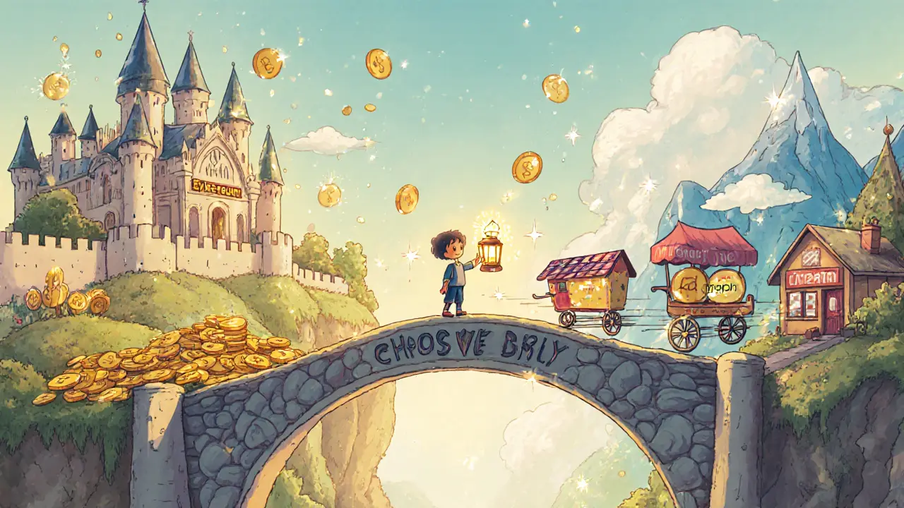 A child stands between two lands: Ethereum&#039;s castle and Avalanche&#039;s village, holding a &#039;Choose Wisely&#039; lantern.