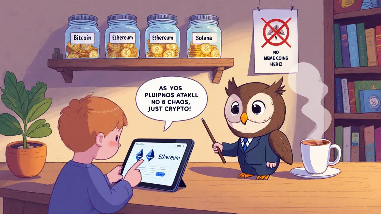 A child taps a tablet to buy Ethereum while an owl explains crypto, surrounded by neatly labeled jars and no meme coins.
