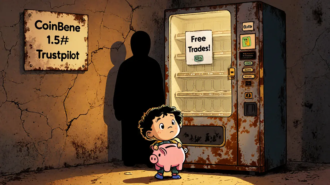 A child tries to use a broken CoinBene vending machine while a shadowy figure watches.
