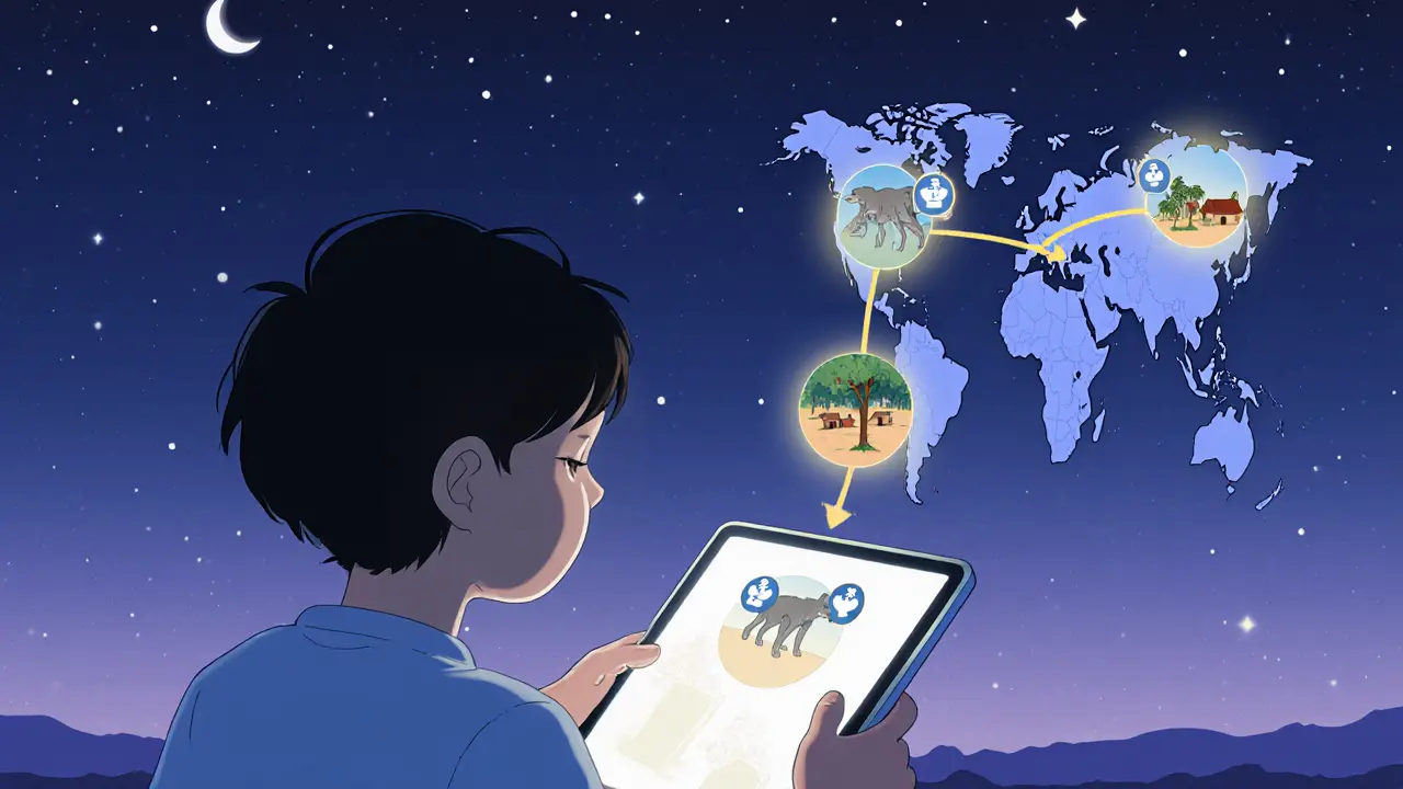 A child watches digital wolf icons deliver aid to distant villages on a tablet at night.