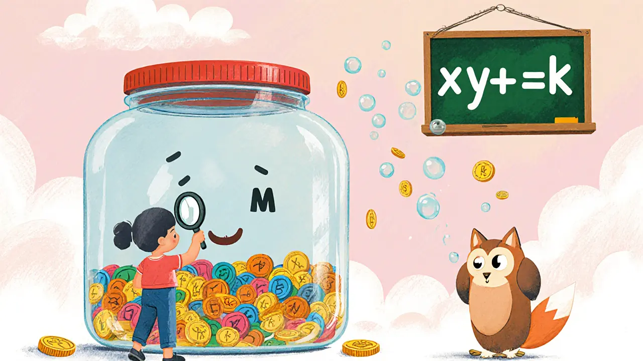 A child with a magnifying glass learns about token swaps from a fox and owl beside a floating AMM jar.
