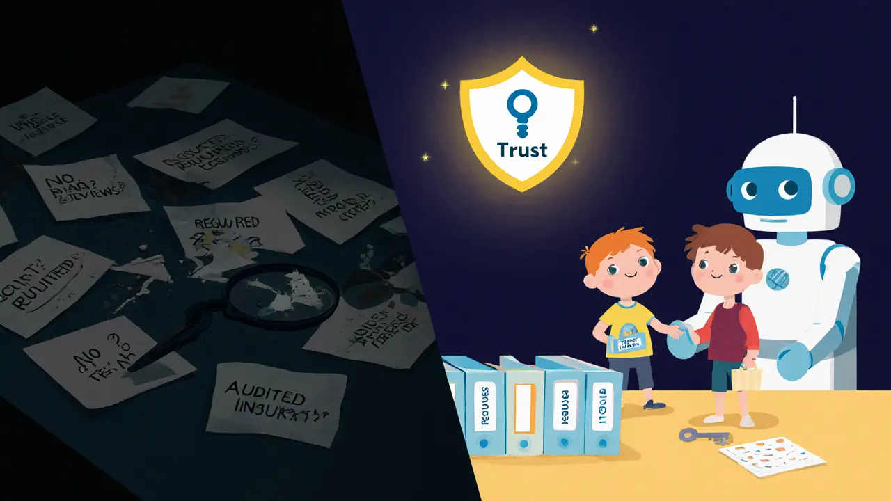 A dark messy desk with unanswered questions contrasts a bright, organized desk with trust labels and a smiling robot.