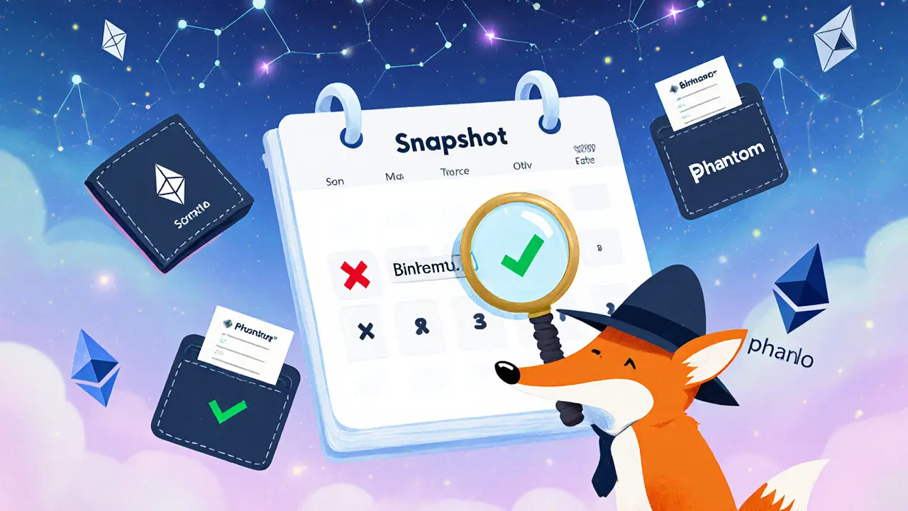 A detective fox examining a calendar with a hidden snapshot date, surrounded by glowing and blocked wallets.