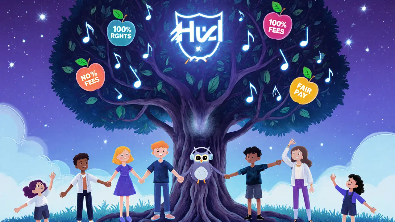 A diverse group holds hands around a blockchain tree with music note leaves under a starry sky.