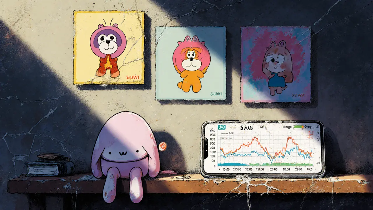 A faded Suwi character sits alone on a shelf beside a dead crypto chart, with colorful art prints on the wall.