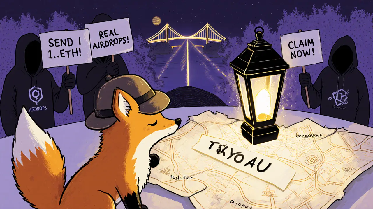 A fox detective examines a blank map as shadowy scammers demand crypto, while a lantern points to real airdrops.