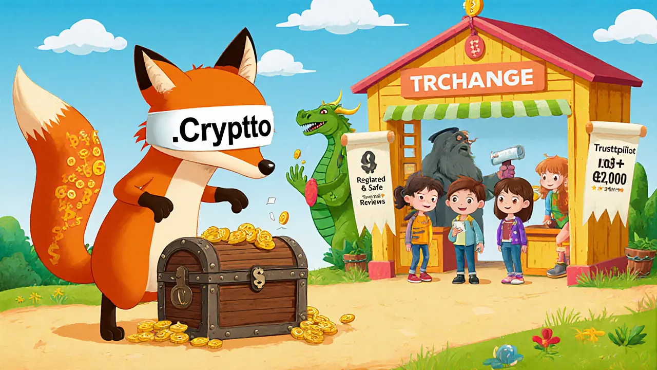 A fox steals a crypto chest marked &#039;.cash&#039; as children trade safely at a bright, regulated booth in the background.