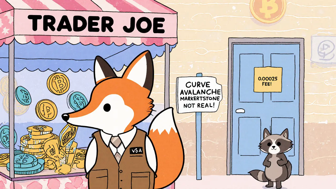 A fox trades stablecoins at Trader Joe&#039;s stall on Avalanche, while a raccoon is turned away from a fake Curve door.