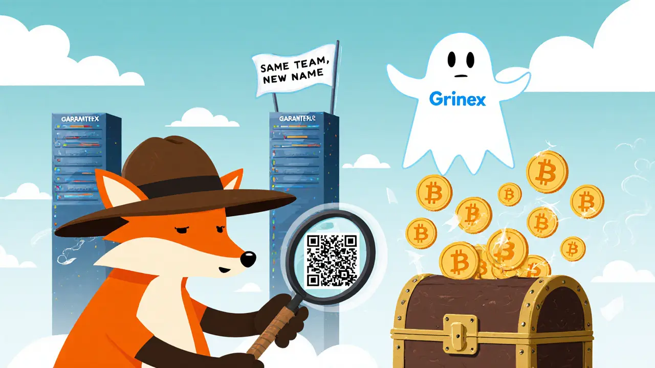 A fox uses a magnifying glass to examine a Telegram QR code exchange, while a ghostly exchange rises from a server tower.
