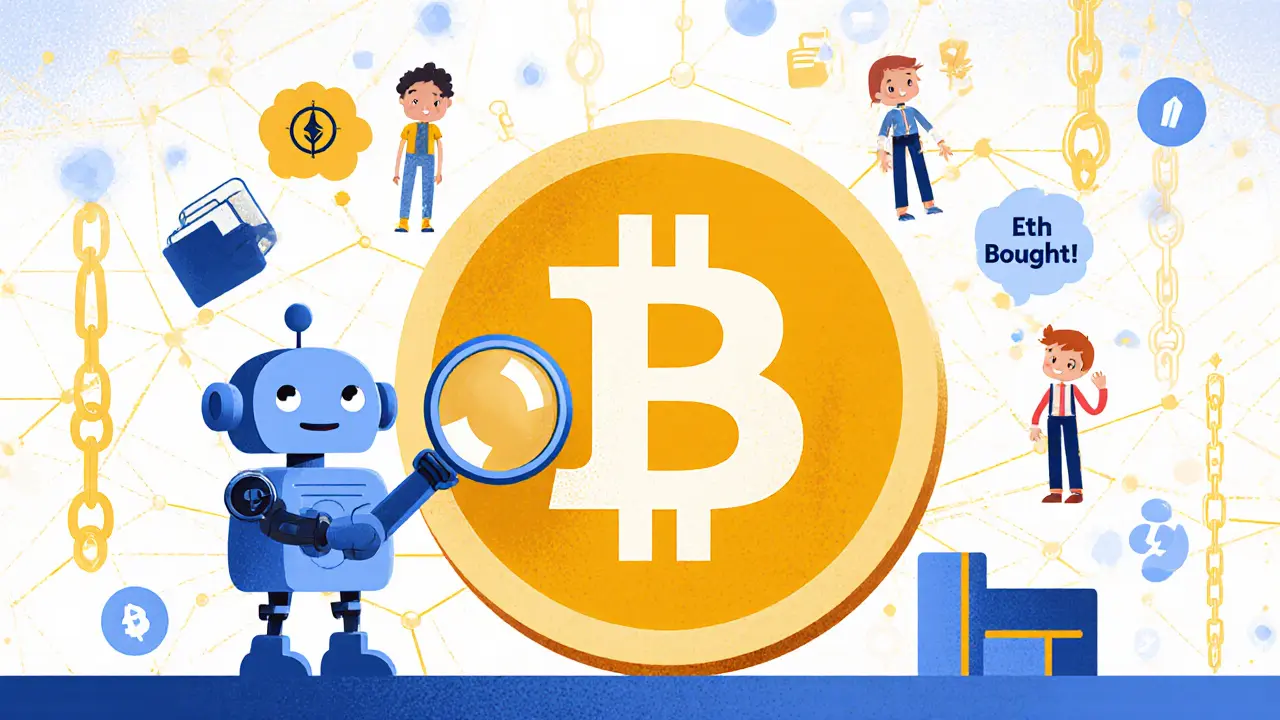 A friendly robot examining a large GLQ token while tiny users float around with automation ideas like clocks and wallets.