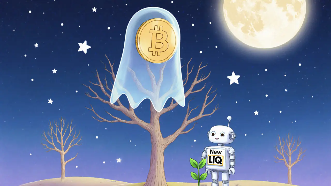 A ghostly old token floats above a blockchain tree while a robot plants a new sapling under a starry sky.
