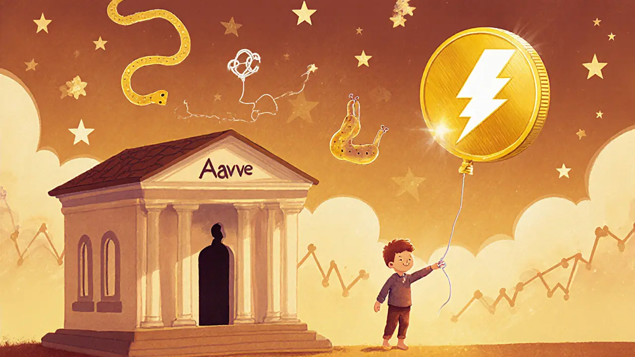 A glowing Aave bank where a child receives a balloon-shaped stETH token from a lightning keyhole.
