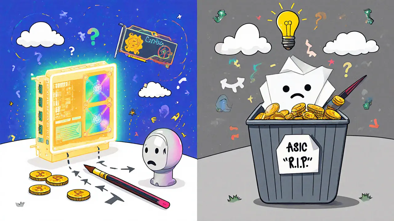 A GPU transforming into gaming and AI tools, while an old ASIC becomes a paperweight in a recycling bin.